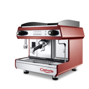 1 group Astoria Tanya in red color front look steam wand and water dispenser and gauge